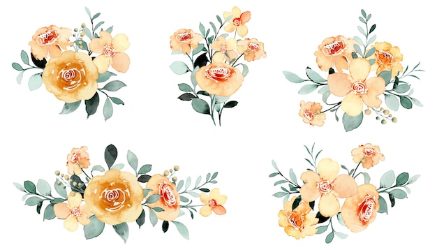 Collection de bouquets de fleurs roses jaunes à l'aquarelle