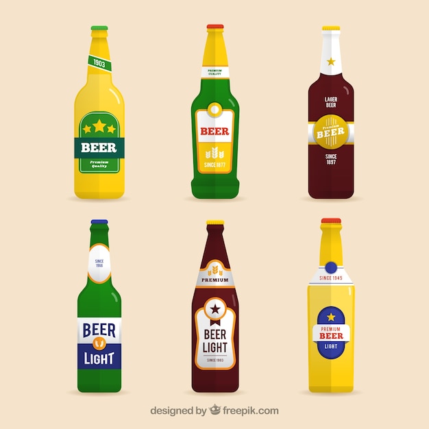 Vecteur gratuit collection de bouteilles de bière plate avec étiquette