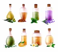 Vecteur gratuit collection de bouteilles d'huile essentielle aquarelle