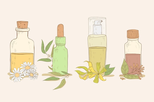 Collection de bouteilles d'huile essentielle dessinée à la main réaliste