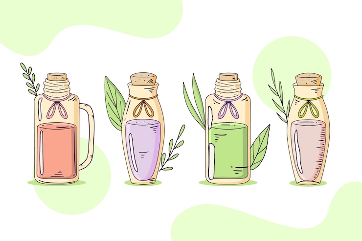 Vecteur gratuit collection de bouteilles d'huile essentielle dessinés à la main