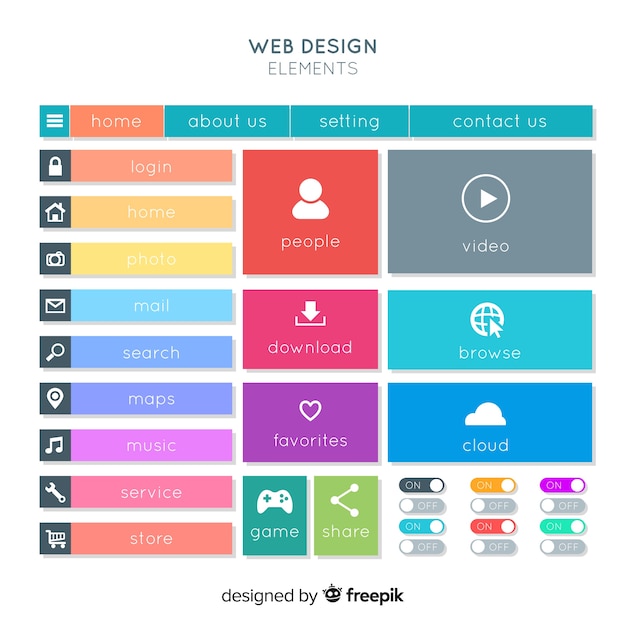 Vecteur gratuit collection de boutons de conception web coloré avec un design plat