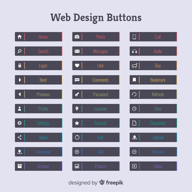 Collection de boutons de conception web coloré avec un design plat