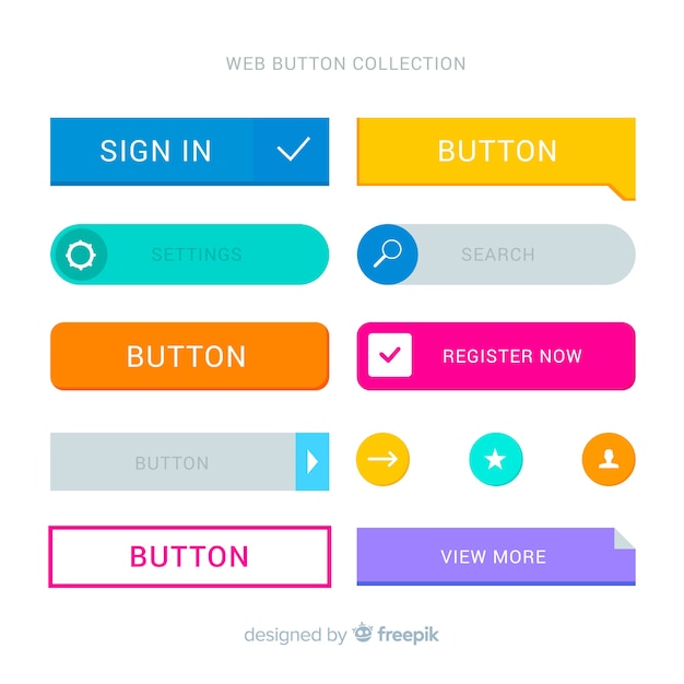 Vecteur gratuit collection de boutons de conception web coloré avec un design plat