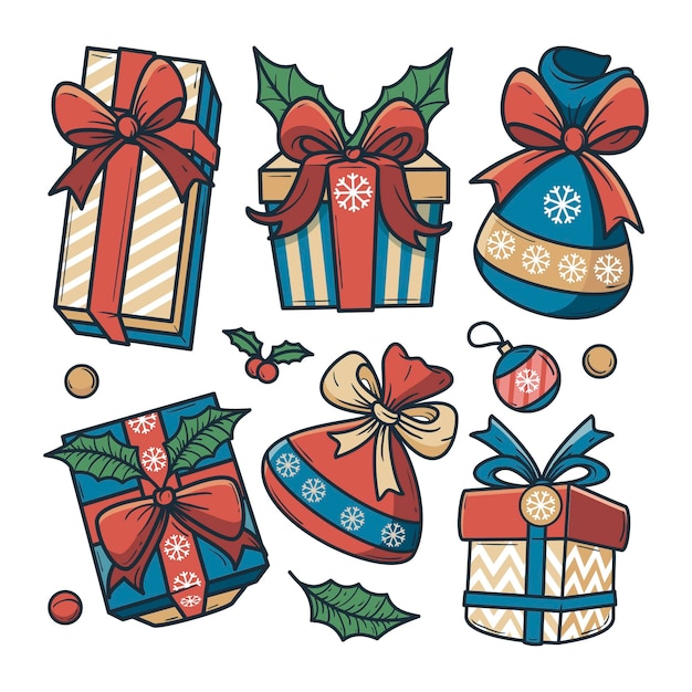 Vecteur gratuit collection de cadeaux de noël dessinés à la main