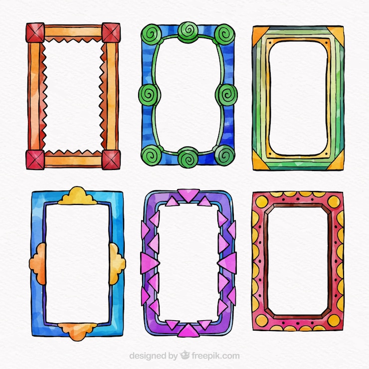 Vecteur gratuit collection de cadres colorés avec des ornements dans un style aquarelle