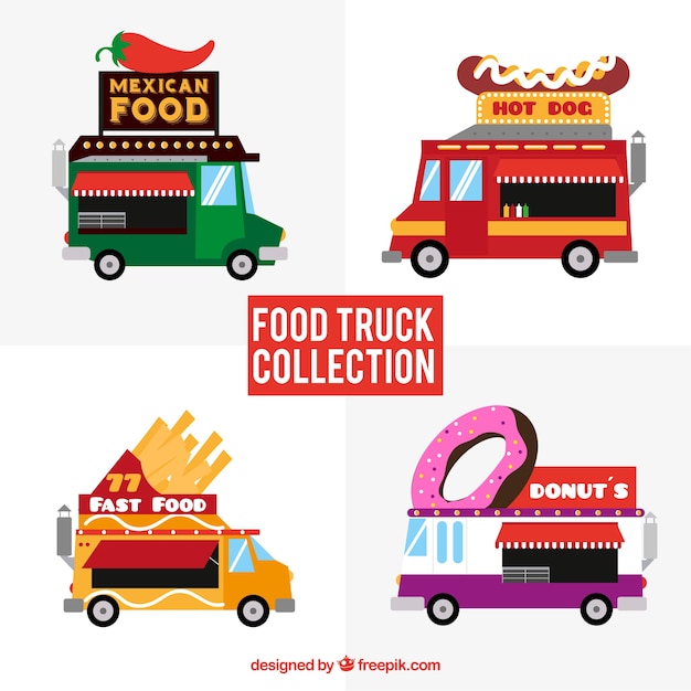 Vecteur gratuit collection de camions alimentaires avec variété de fast-food