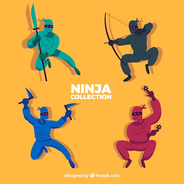 Collection De Caractères Ninja En Quatre Couleurs