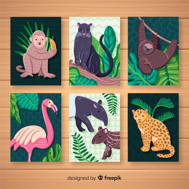 Collection de cartes d&#39;animaux sauvages dessinées à la main