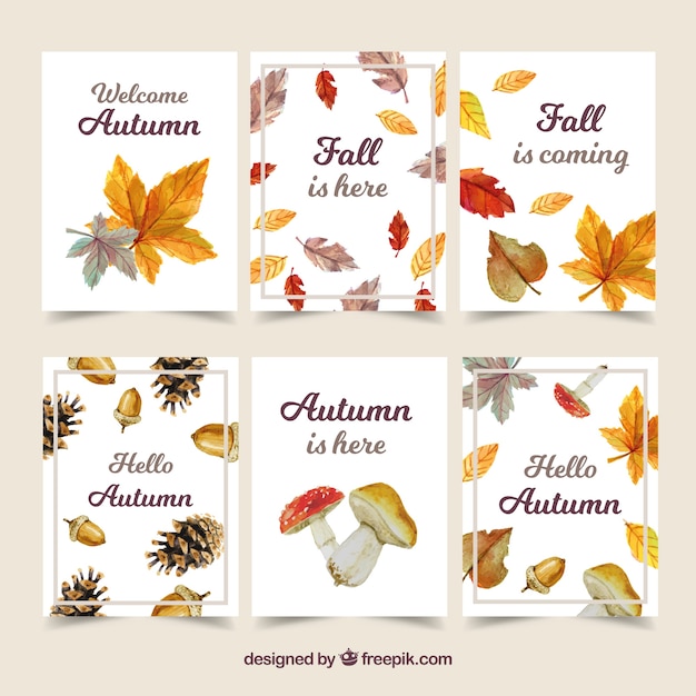 Vecteur gratuit collection de cartes d'automne avec des feuilles colorées