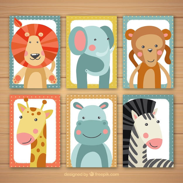 Vecteur gratuit collection de cartes avec de beaux animaux sauvages