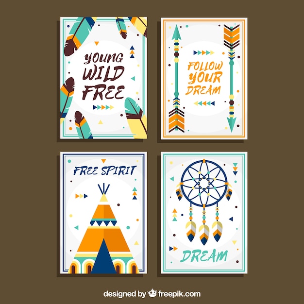 Vecteur gratuit collection de cartes boho avec des éléments hippie