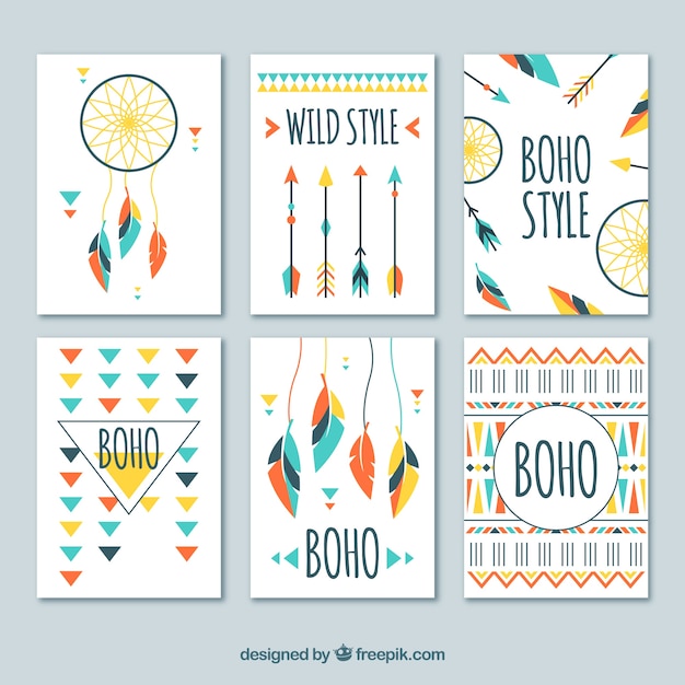 Vecteur gratuit collection de cartes boho avec des éléments hippie