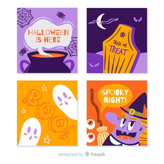 Collection De Cartes De Halloween Dessinés à La Main Avec Une Variété De Symboles