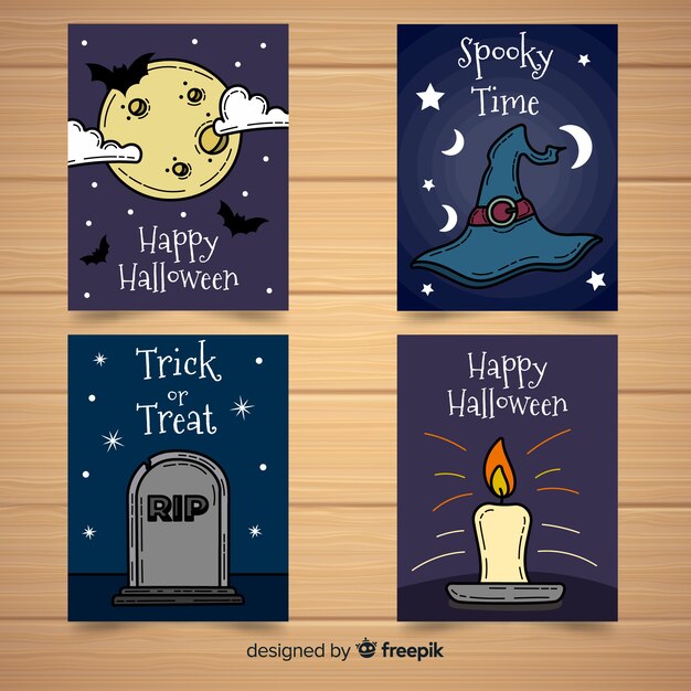 Collection De Cartes De Halloween Heureux Dans Un Style Dessiné à La Main