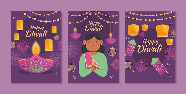 Vecteur gratuit collection de cartes plates pour la célébration de diwali