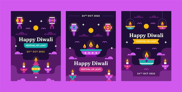 Vecteur gratuit collection de cartes plates pour la célébration du festival de diwali