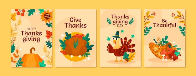 Vecteur gratuit collection de cartes plates pour la célébration de thanksgiving