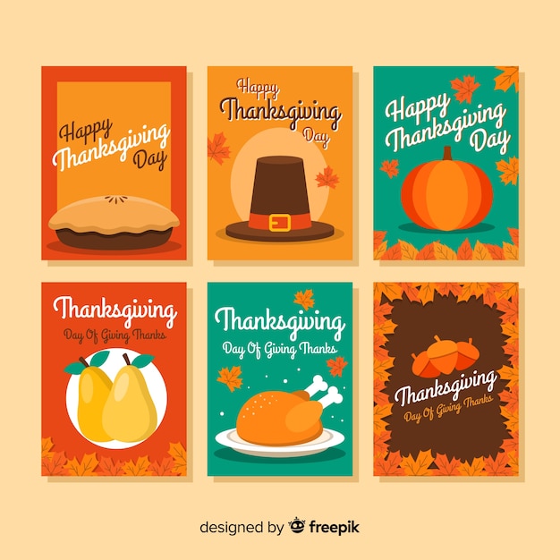 Vecteur gratuit collection de cartes pour le jour de thanksgiving en design plat