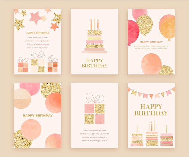 Collection De Cartes De Voeux D'anniversaire Aquarelle