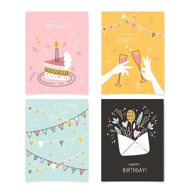 Vecteur gratuit collection de cartes de voeux d'anniversaire dessinés à la main