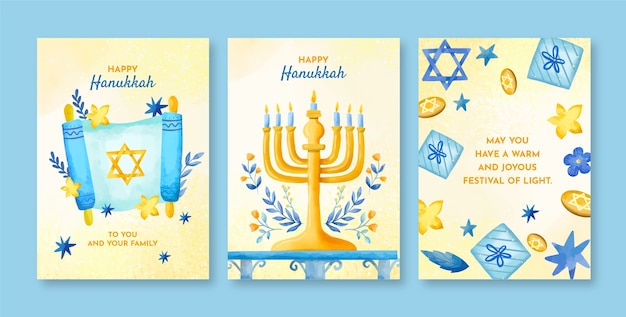Vecteur gratuit collection de cartes de vœux aquarelle pour la célébration juive de hanoucca