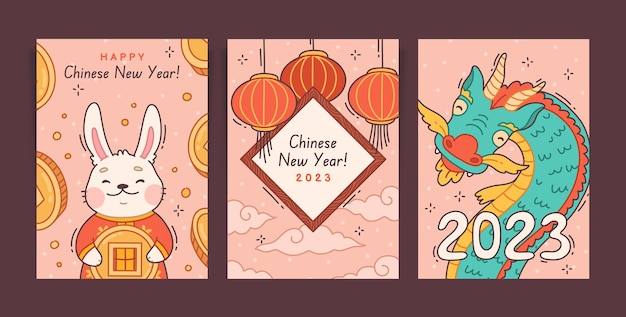 Collection De Cartes De Voeux De Célébration Du Nouvel An Chinois Dessinées à La Main