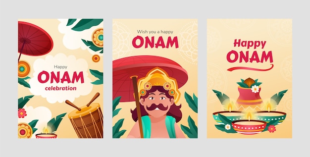 Vecteur gratuit collection de cartes de voeux dégradées pour la célébration du festival onam