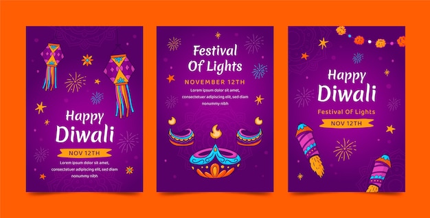 Vecteur gratuit collection de cartes de vœux dessinées à la main pour la célébration du festival de diwali