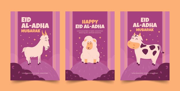 Vecteur gratuit collection de cartes de voeux dessinées à la main pour la célébration islamique de l'aïd al-adha
