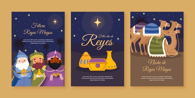 Vecteur gratuit collection de cartes de voeux plat reyes magos