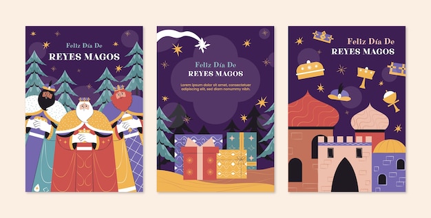 Vecteur gratuit collection de cartes de voeux plat reyes magos