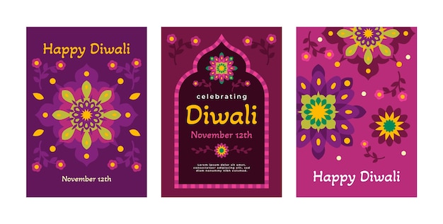 Vecteur gratuit collection de cartes de vœux plates pour la célébration du festival hindou diwali