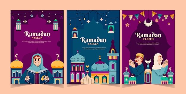 Vecteur gratuit collection de cartes de vœux plates pour la célébration islamique du ramadan.