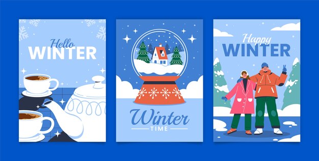 Vecteur gratuit collection de cartes de vœux plates pour la saison hivernale