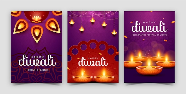 Vecteur gratuit collection de cartes de vœux réalistes pour la célébration du festival de diwali