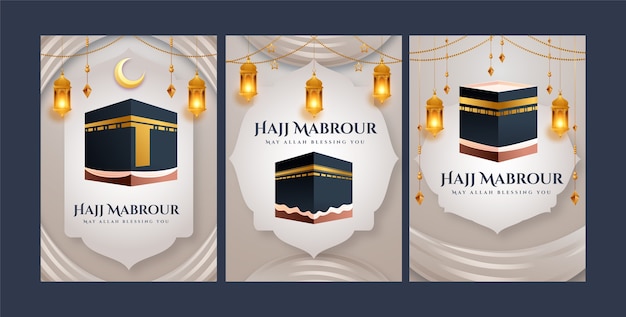 Vecteur gratuit collection de cartes de voeux réalistes pour le pèlerinage islamique du hajj