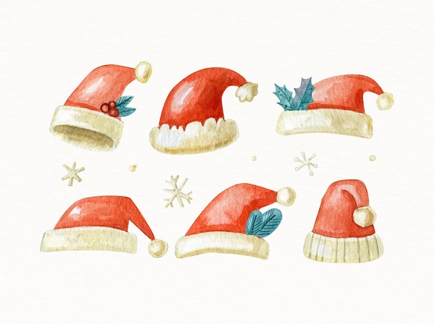 Vecteur gratuit collection de chapeaux de père noël à l'aquarelle