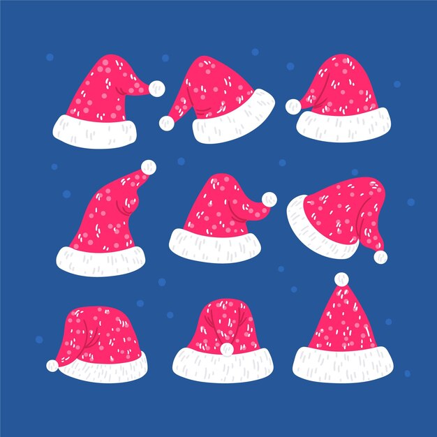 Collection de chapeaux de père Noël plats dessinés à la main