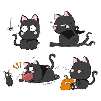 Collection de chats noirs halloween dessinés à la main