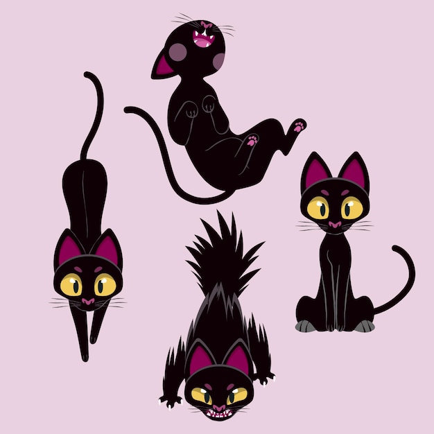 Collection de chats noirs halloween plats dessinés à la main
