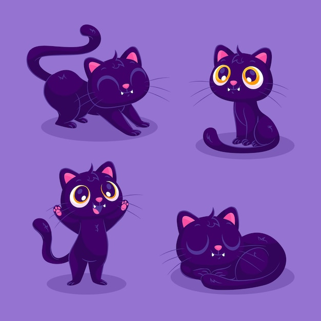 Vecteur gratuit collection de chats noirs plats halloween