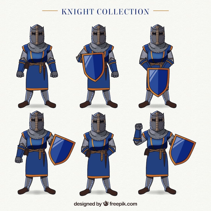 Vecteur gratuit collection de chevaliers dessinés à la main dans différentes poses