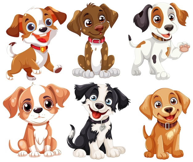 Vecteur gratuit une collection de chiots de dessins animés adorables