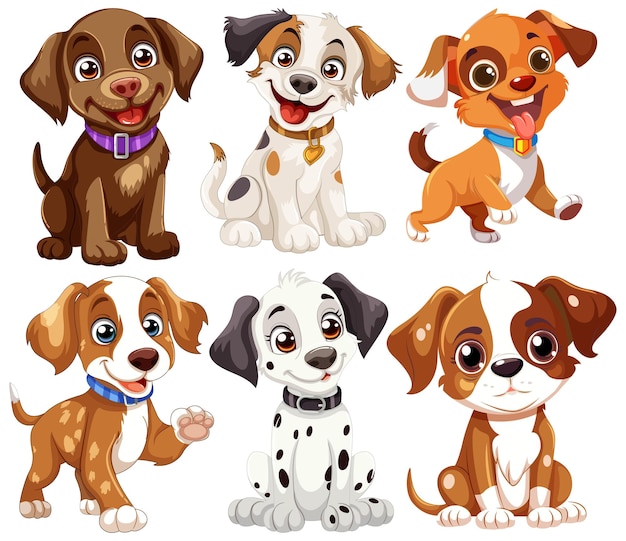 Vecteur gratuit une collection de chiots de dessins animés adorables