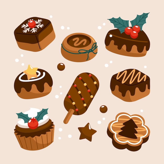 Vecteur gratuit collection de chocolats de noël plats