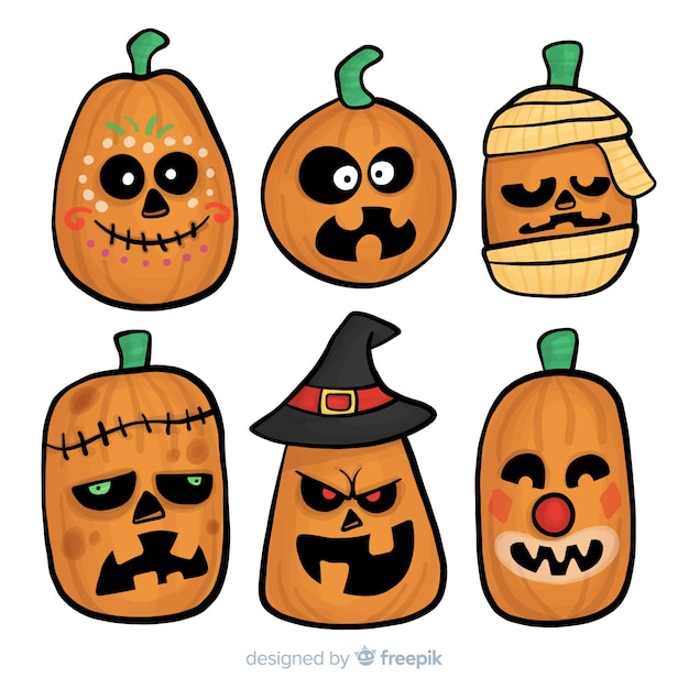 Vecteur gratuit collection de citrouilles d'halloween dessinées à la main drôle