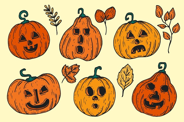 Vecteur gratuit collection de citrouilles d'halloween dessinées à la main