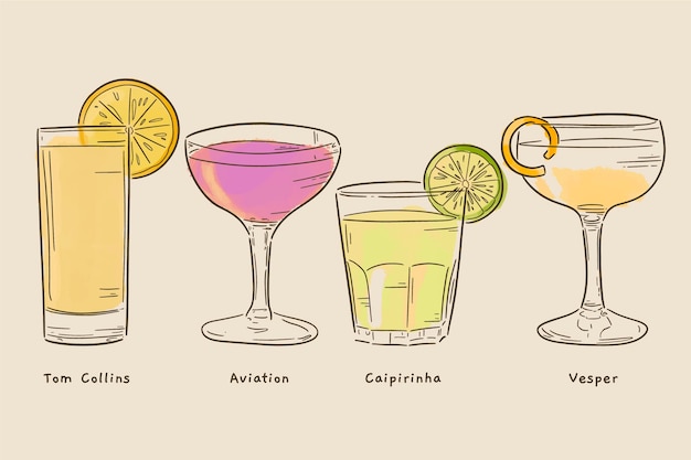 Vecteur gratuit collection de cocktails dessinés à la main