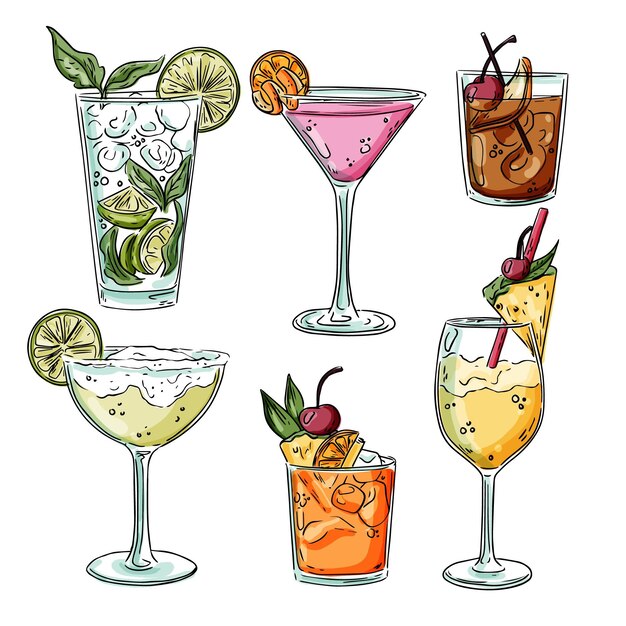 Collection de cocktails dessinés à la main